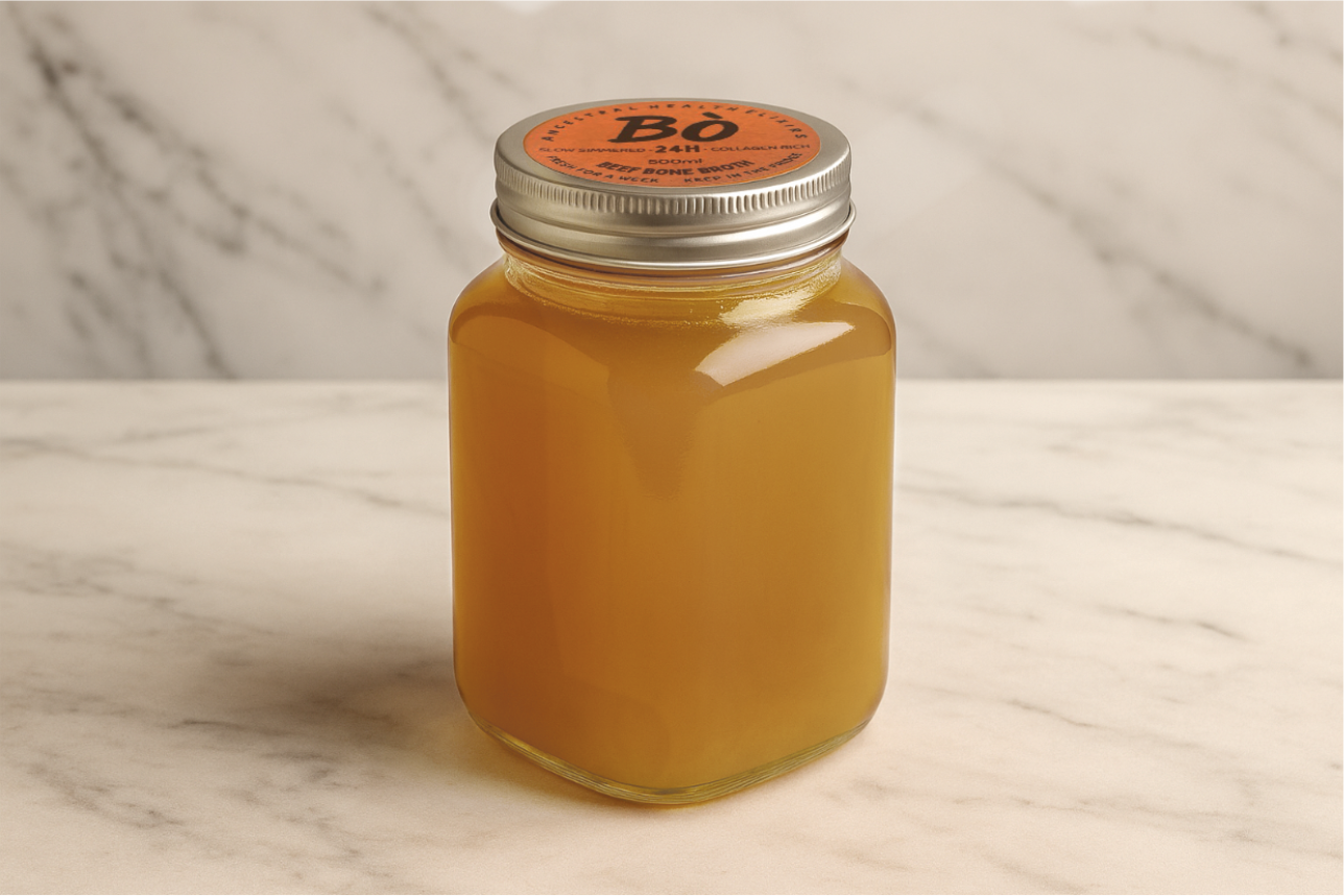 Bò glass jar showing golden broth